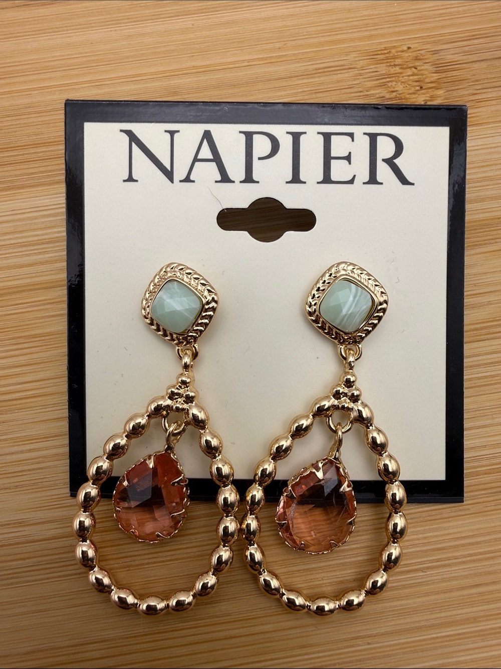 NWT Napier Gold Tone Earrings with Mint Square Studs & Amber Teardrops